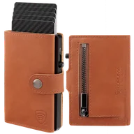 Etui na dokumenty i karty - Skórzany portfel męski z kieszenią na bilon oraz aluminiowym etui z wysuwanymi kartami (brązowy) - miniaturka - grafika 1