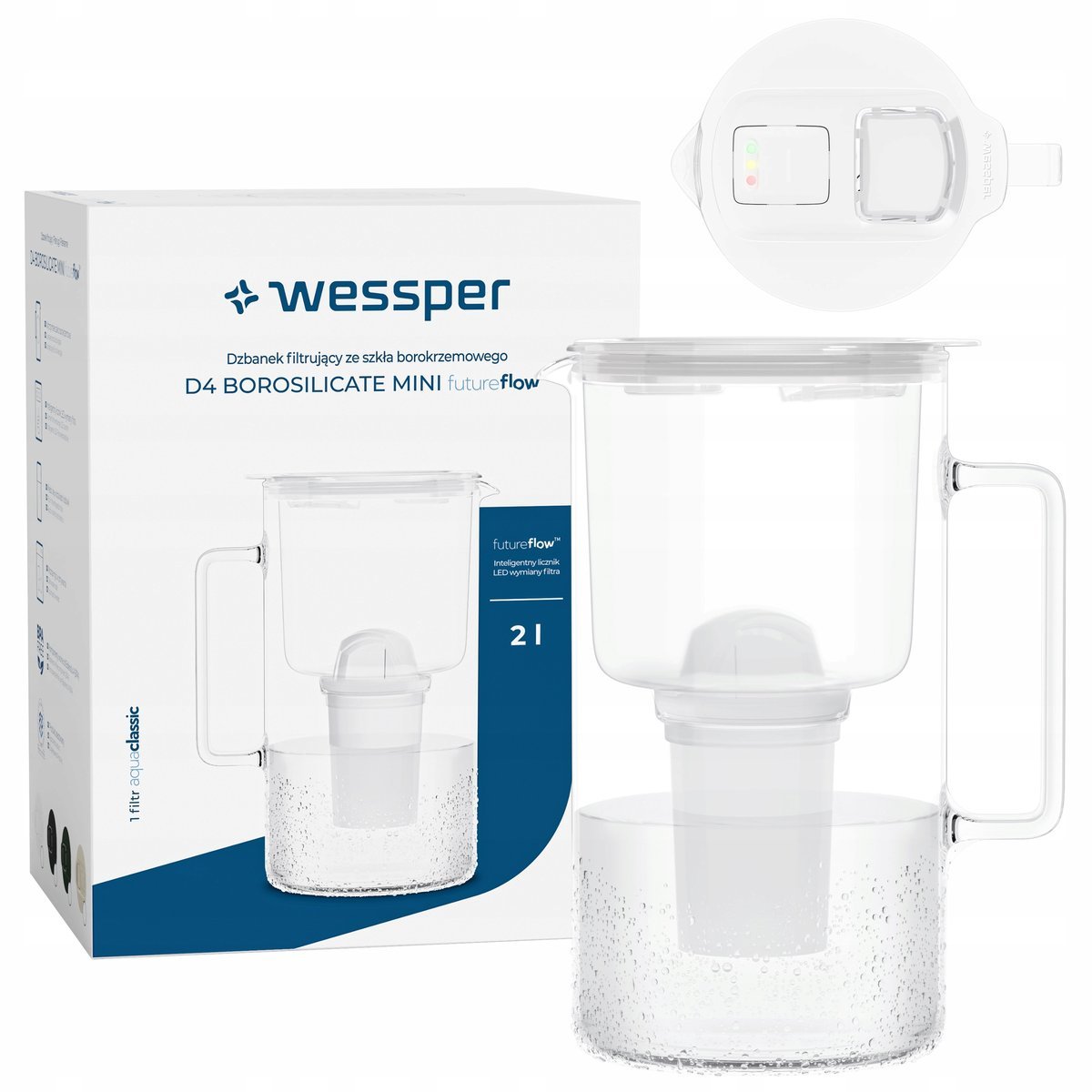 Dzbanek filtrujący szklany Wessper D4 BOROSILICATE licznik LED futureflow