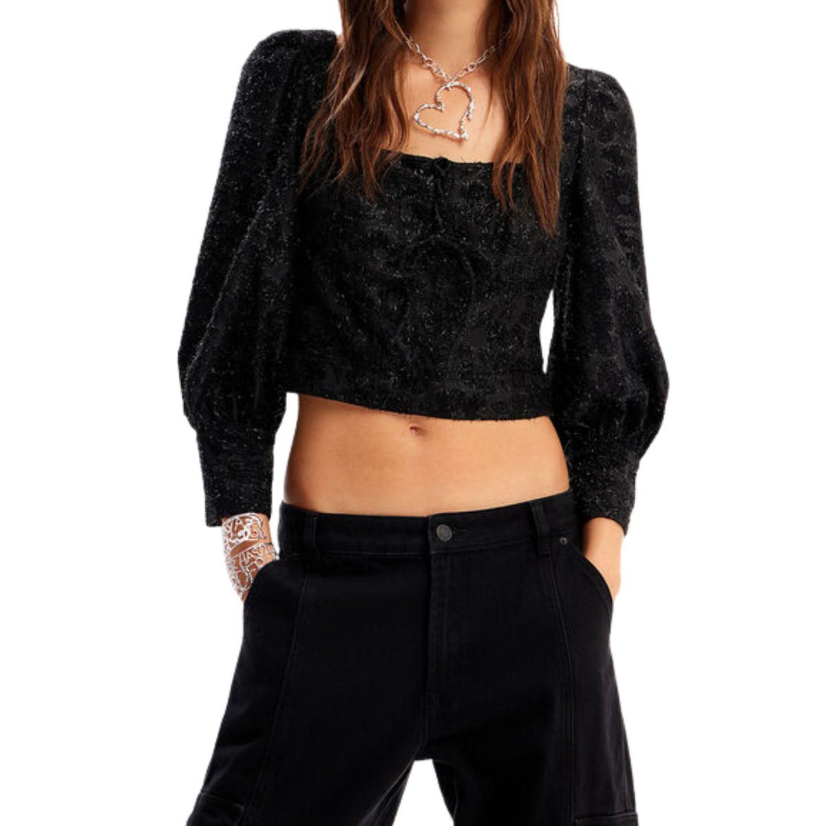 Bluzka damska Desigual Blus Don elegancka błyszcząca czarna-XS