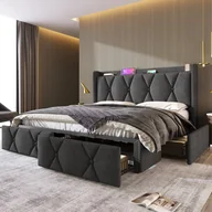 Łóżka - Łóżko tapicerowane Merax 160x200 cm z gniazdkiem i funkcją ładowania USB, podwójne łóżko z 4 szufladami i stelażem z listew, łóżko do przechowywania wykonane z lnu, szare - miniaturka - grafika 1