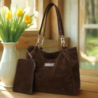 Torebki damskie - TEMU Idealny Zestaw Damski Lily Vintage: Tote i Portfel - Duża Torba z Paskiem, Złote Elementy Ozdobne i Zapięcie na Zamek Błyskawiczny, Brązowa - miniaturka - grafika 1