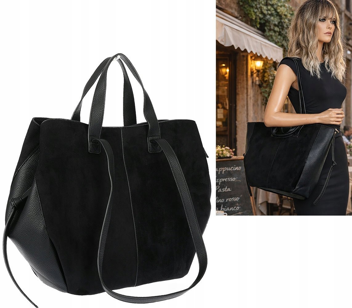Torebka Damska Shopperka łódka Pojemna Duża Torba zamszowa R961 Czarna