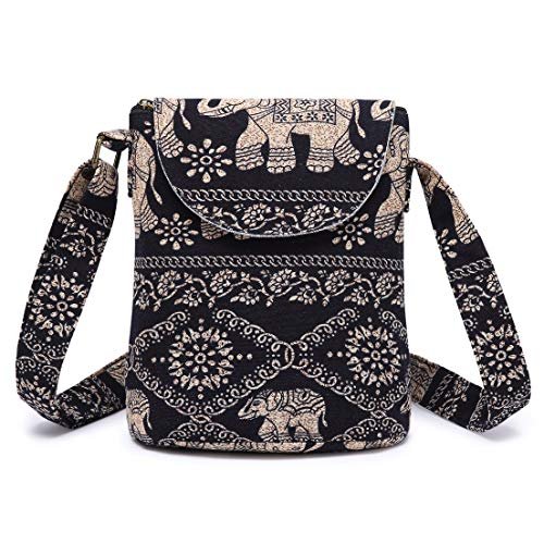 OPQRSTU Damska torba na ramię w stylu retro, mały rozmiar, płócienna torba na ramię, hipisowska, boho, torebka crossbody, Czarny
