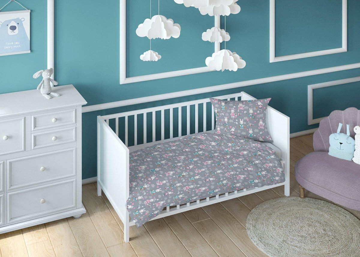 Poszewka 40x40 króliki szara różowa dziecięca zapinana na suwak KARO Kraina Snów