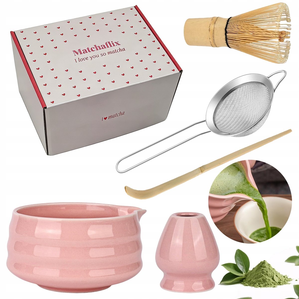 Zestaw do matchy prezentowy różowy miotełka do matchy, miseczka, sitko 5w1