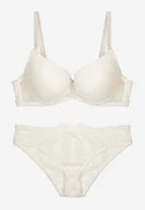 Komplety bielizny - Jasnobeżowy Koronkowy Komplet Biustonosz i Figi Ozdobione Kokardą Iririth - miniaturka - grafika 1