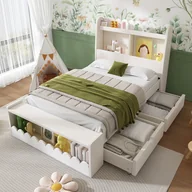 Łóżka dla dzieci i młodzieży - Pojedyncze łóżko dziecięce 90x200 cm z szufladami, półkami i ławką z miejscem do przechowywania, biały + dąb - miniaturka - grafika 1