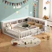 Łóżka dla dzieci i młodzieży - Łóżko dwuosobowe 140 x 200 cm z wezgłowiem i barierkami - Gniazda USB - Płyta wiórowa - Białe (bez materaca) - miniaturka - grafika 1