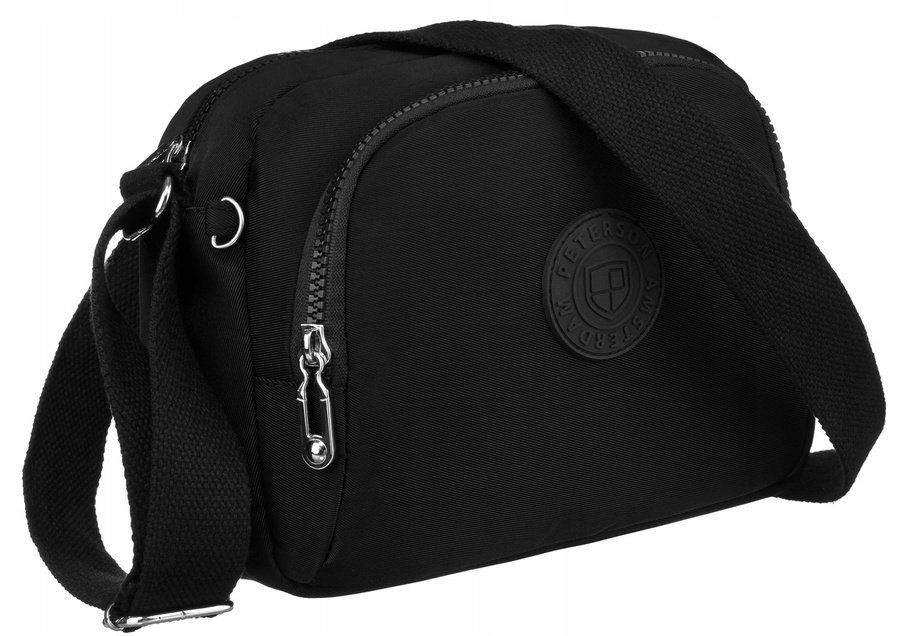 Mała czarna torebka damska z nylony miejska listonoszka na ramię szeroki pasek kieszonki na suwak PETERSON