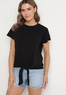 Koszulki i topy damskie - Czarny T-shirt z Bawełny z Ozdobnym Wiązaniem Sunitra - miniaturka - grafika 1