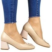 Czółenka - Czółenka Pólbuty Na Klocku Z Ozdobą Vinceza 58484 Beżowe Lakierowane - miniaturka - grafika 1