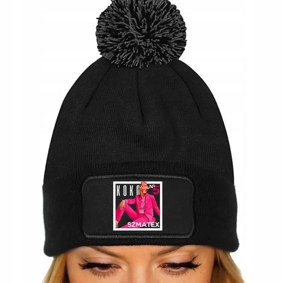 CZAPKA POMPON Zimowa Bawełniana Z Nadrukiem CZARNA Beanie KOKO SZMATEX