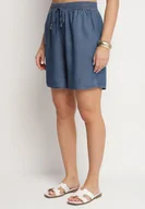 Spodenki damskie - Niebieskie Bawełniane Szorty Bermudy z Elastyczną Gumką w Talii i Kieszeniami Tilmio - miniaturka - grafika 1