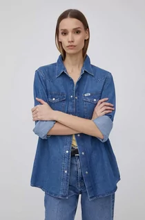 Koszule damskie - Wrangler koszula jeansowa damska kolor granatowy regular z kołnierzykiem klasycznym - grafika 1