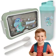 Bidony dla dzieci - Lunchbox Śniadaniówka Pojemnik Na Śniadanie Obiad Do Szkoły + Sztućce Bidon Zielony Z Stojącym Dinozaurem - miniaturka - grafika 1