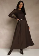 Spódnice - Brązowa Rozkloszowana Spódnica z Wiskozy z Dodatkowym Paskiem z Klamrą Lowedina - miniaturka - grafika 1