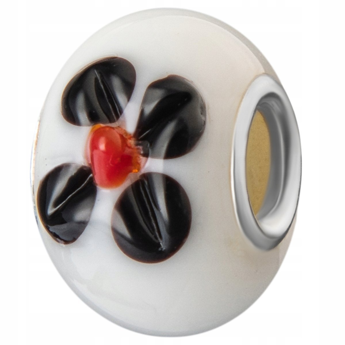 Charms Srebrny Szklany Czarny Kwiat Biały Koralik Kwiatek Emalia SREBRO 925