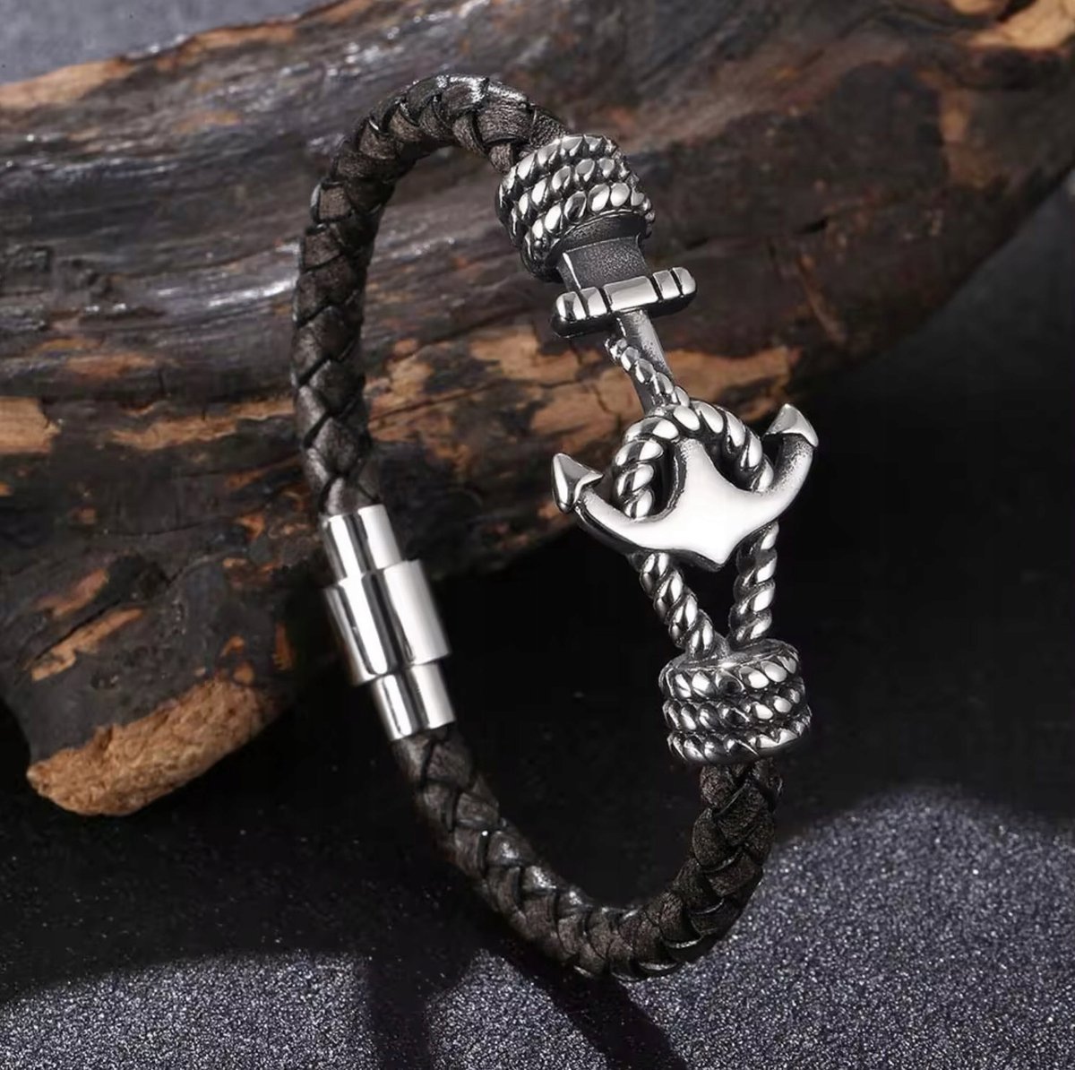 Bransoletka Kotwica Skórzana Stalowa Ciemno Szara Mocne Zapięcie Magnes