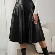 Spódnice - TEMU Elegancka spﾃｳdnica midi z wysokim stanem z imitacji skﾃｳry dla kobiet - jednokolorowa czarna, z rozszerzonym krojem i detalami z zamka - miniaturka - grafika 1