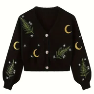 Swetry damskie - TEMU Kardigan haftowany Słońce i Księżyc Dekolt w serek, Długie rękawy typu lantern, Luźny krój, Kolekcja Jesień/ - miniaturka - grafika 1