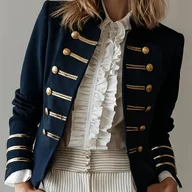 Marynarki i żakiety damskie - TEMU Damska granatowa marynarka z złotymi paskami na guzach - Strukturalny płaszcz z długim rękawem, materiał nierozciągliwy, zapięcie na guziki, - miniaturka - grafika 1