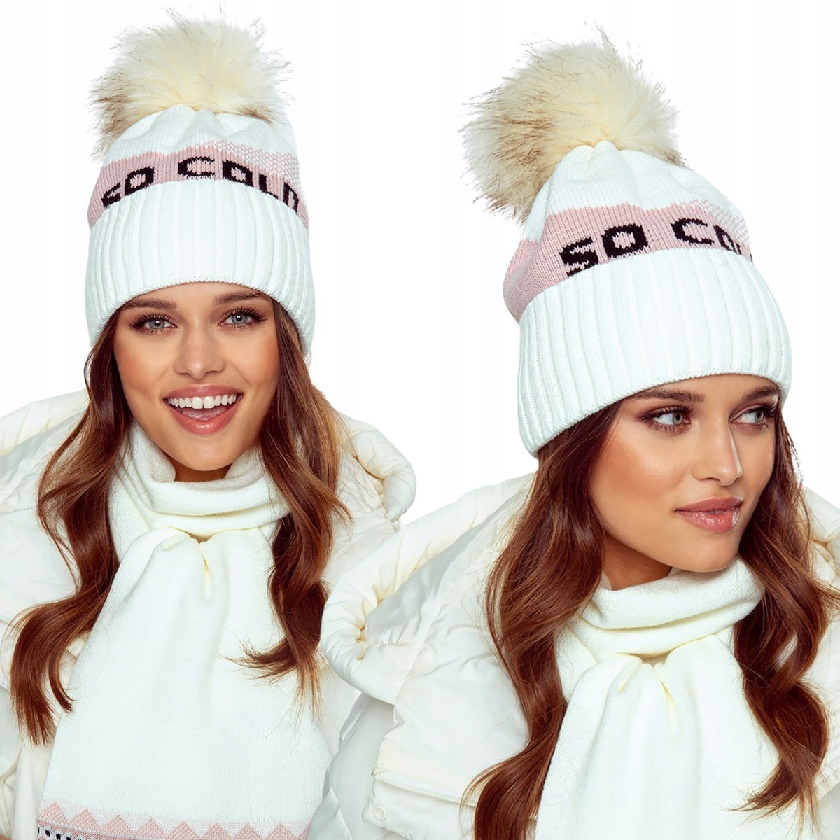 Czapka Damska Zimowa So Cold We Wzór Z Pomponem Beżowa Różowa