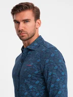 Koszule męskie - Męska koszula bawełniana z motywem roślinnym granatowa V1 OM-SHCS-0159 - Ombre Clothing - miniaturka - grafika 1