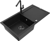 Zlewozmywaki z baterią - Mexen Leo zlewozmywak granitowy 1-komorowy z ociekaczem i baterią kuchenną Flora, czarny - 6501-77-670401-70-B - miniaturka - grafika 1
