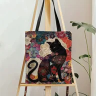 Torby i wózki na zakupy - Torba shopperka tote czarny kot japońskie wzory kwiaty prezent dla kociary - miniaturka - grafika 1