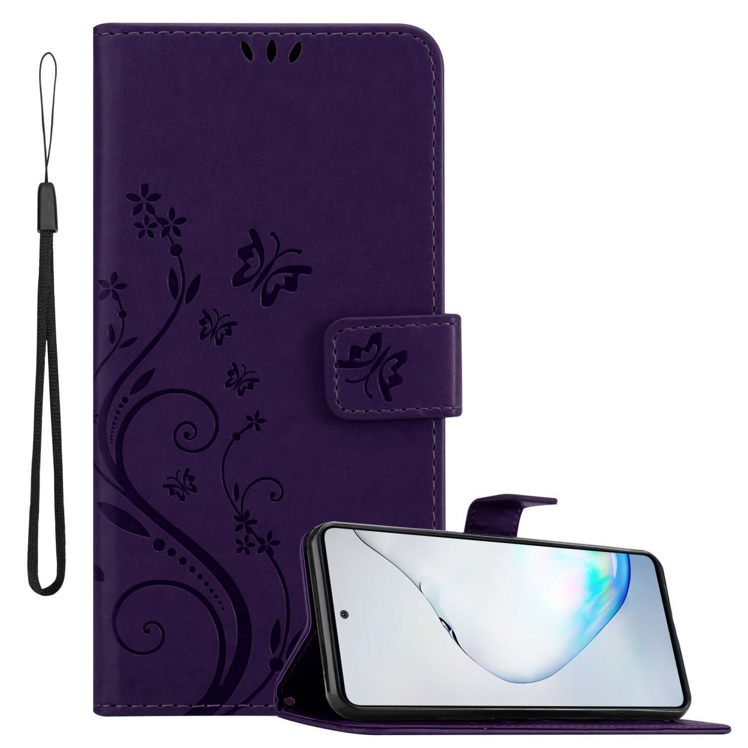 Cadorabo pokrowiec na Samsung Galaxy A81 / NOTE 10 LITE / M60s w kolorze FLORAL DARK PURPLE pokrowiec ochronny w kwiatowy wzór z magnetycznym zamknięciem, funkcją podstawki i kieszeniami na karty etui z klapką w kwiaty etui na telefon komórkowy etui z klapką na książkę