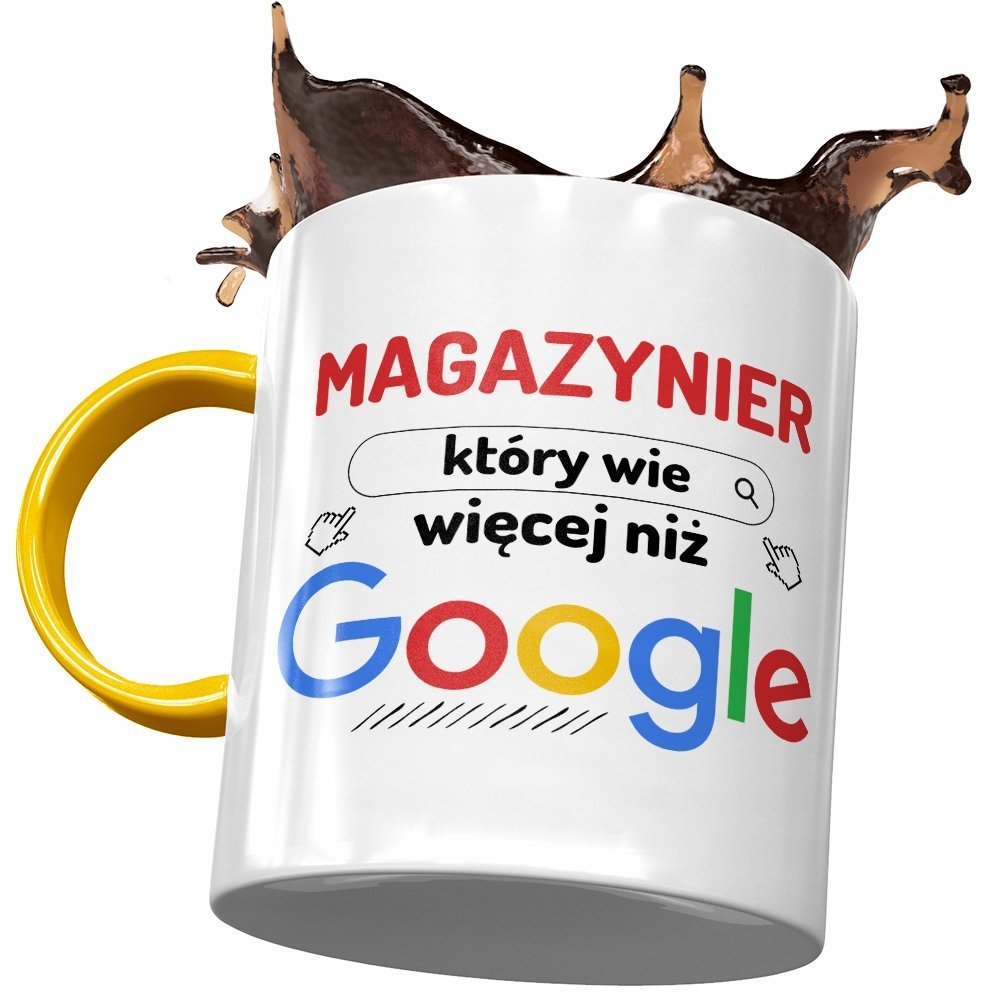 Kubek Żółty Dla Magazyniera Wie Więcej Niż Google z Nadrukiem ze Zdjęciem + Opakowanie na prezent (wzór 01)