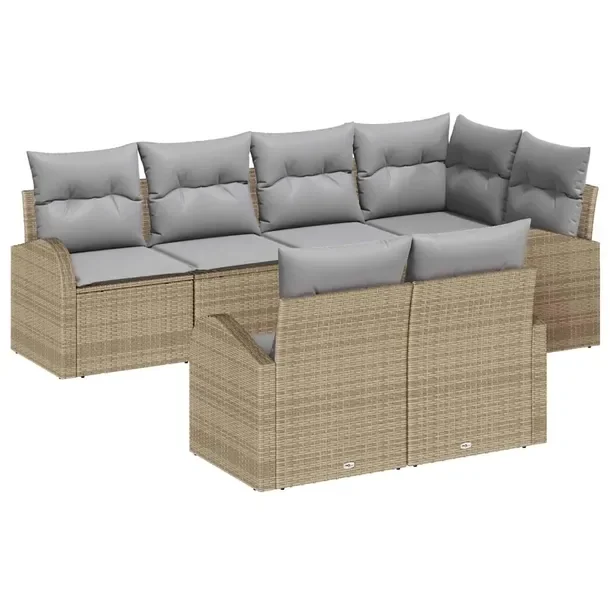 Zestaw 7-częściowych sof ogrodowych z rattanu, beżowy, 60 cm głębokoś