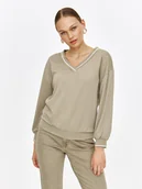 Bluzy damskie - Jasnooliwkowa bluza z dekoltem w v - miniaturka - grafika 1