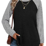 Bluzy damskie - TEMU Sweter damski z długim rękawem - Lekka bluza w kolorach czarno-szarych, luźny krój od biura do casualowego stylu, pranie maszynowe, miękkie - miniaturka - grafika 1