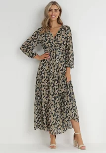 Zielono-Czarna Sukienka Kopertowa z Gumką w Talii Moshei - Sukienki - miniaturka - grafika 1