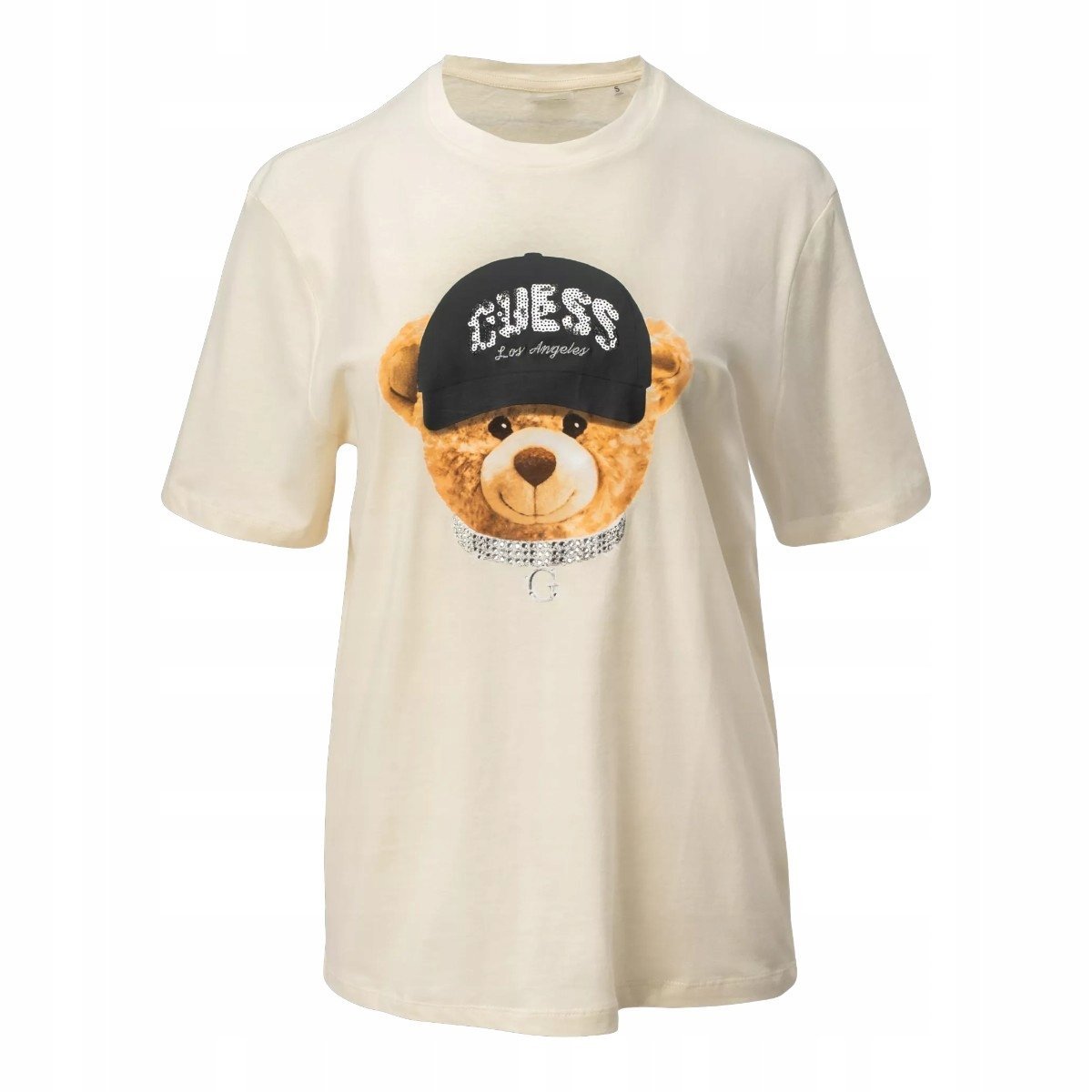 GUESS KOSZULKA DAMSKA T-SHIRT TEDDY BEAR HAT SS BEŻOWA r.L