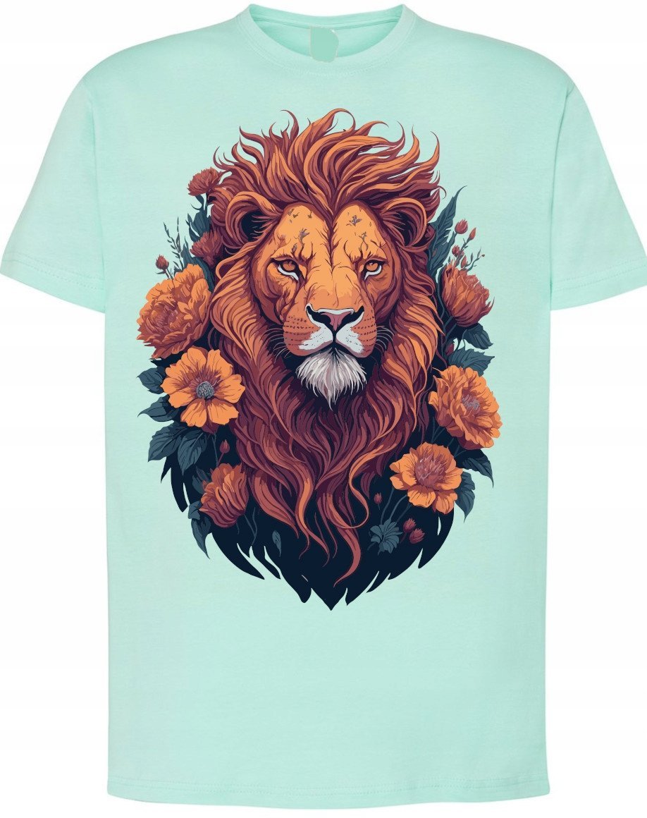Męski T-shirt Lew Kwiaty Modny Nadruk Cudowny r.XL