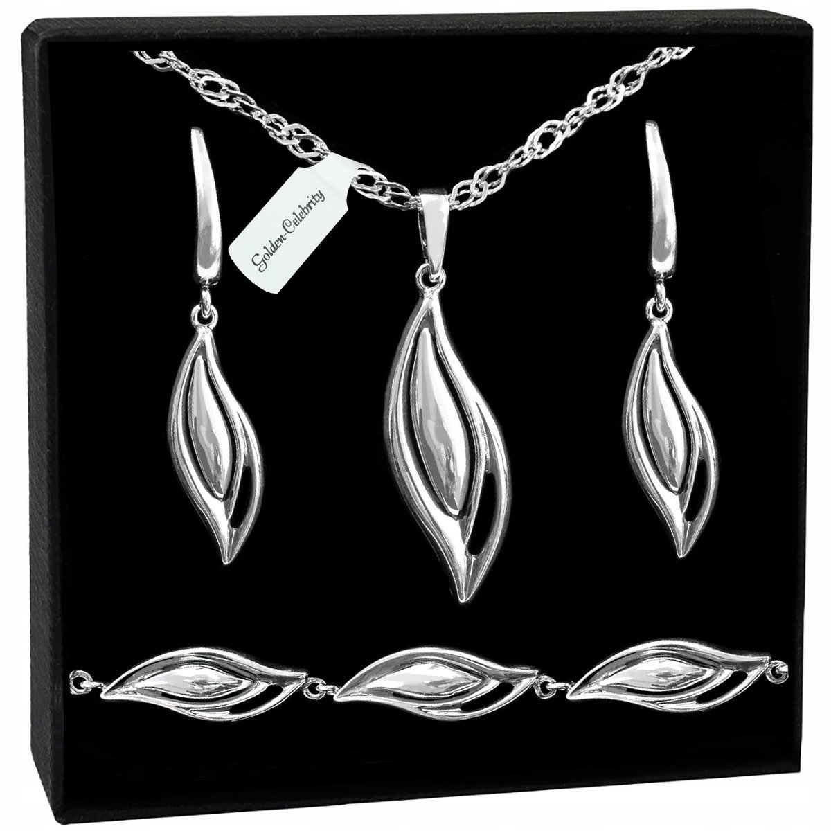 KOMPLET BIŻUTERII SREBRNEJ NASZYJNIK WISIOREK ŁZA BRANSOLETKA KOLCZYKI 60CM