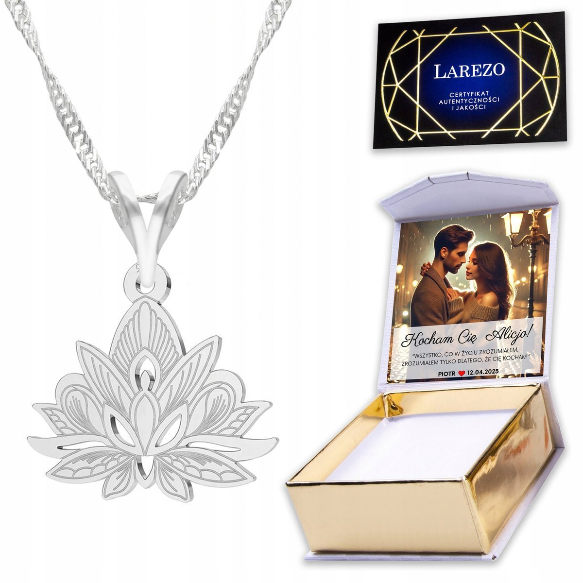 Naszyjnik Srebrny 925 z Kwiatem Lotosu Kwiat Lotos Kwiatek Flower + NADRUK