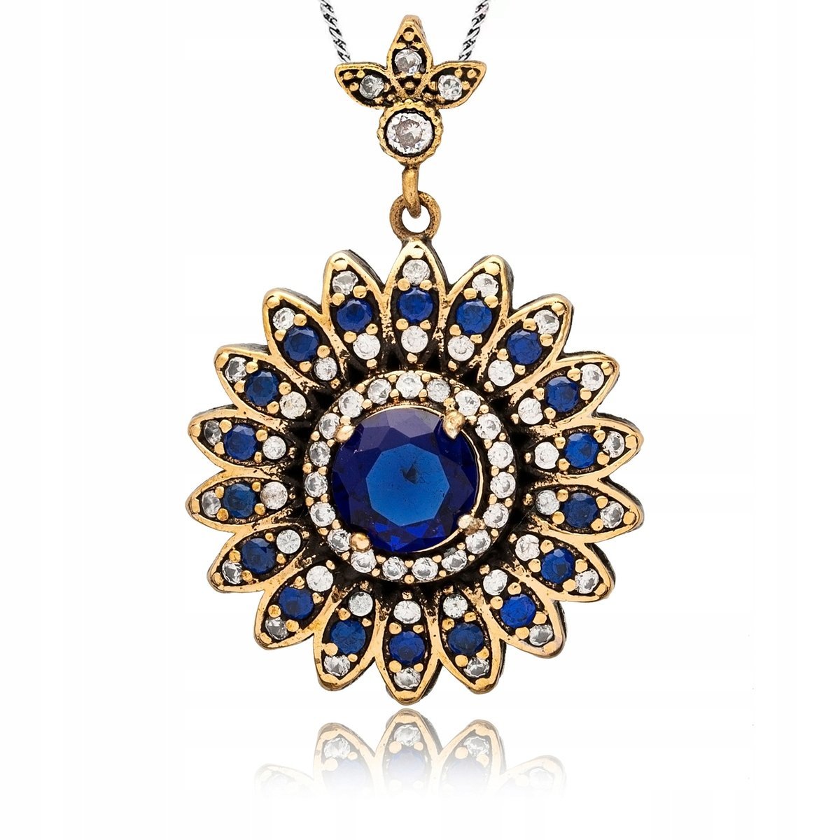 Naszyjnik Srebrny Z Szafirem Cyrkoniami Próba 925 Piękny Duży Kwiat Grawer