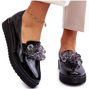 Vinceza Lakierowane Mokasyny Na Koturnie Z Kryształkami Czarne Loresa - Mokasyny damskie - miniaturka - grafika 1