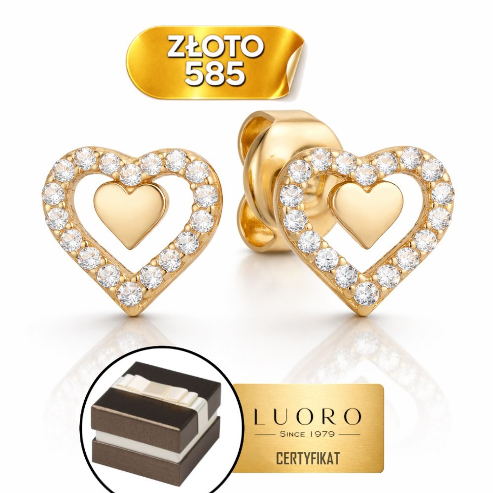KOLCZYKI ZŁOTE 585 14K SERCA Z CYRKONIĄ NA SZTYFCIE 7,8 MM ELEGANCKIE
