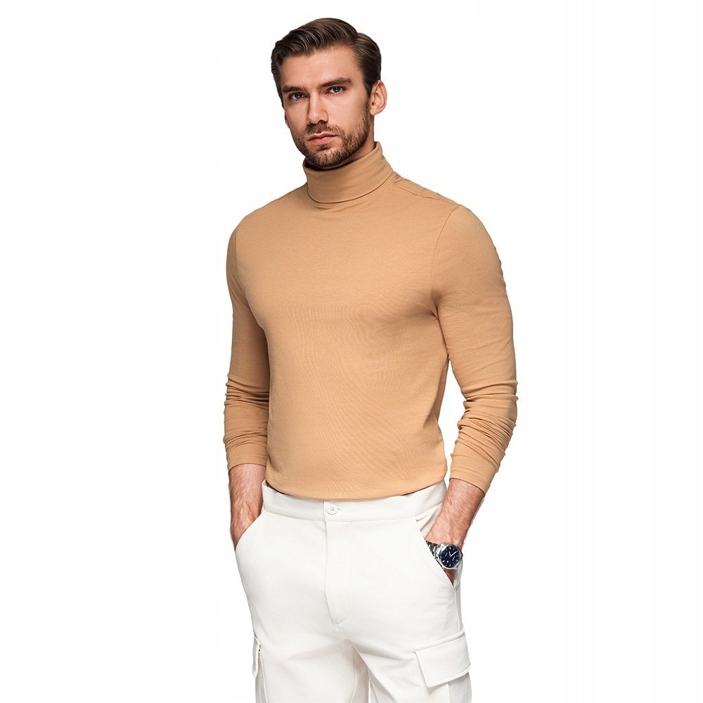 Klasyczny męski longsleeve gładki z golfem jasnobrązowy V5 OM-LSCL-0130 XXL