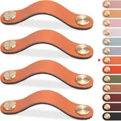 Zawiasy, okucia i inne akcesoria - Zestaw 4 mosiężnych i pomarańczowych skórzanych uchwytów do drzwi szafek, długość 130 mm, ze śrubami, odpowiedni do szaf i kuchni - miniaturka - grafika 1