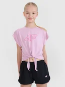 Koszulki dla dziewczynek - 4F Crop-top sportowy regular z nadrukiem dziewczęcy - różowy 158/164 (12-14 lat) - miniaturka - grafika 1