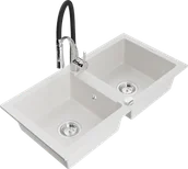 Zlewozmywaki z baterią - Mexen Mario zlewozmywak granitowy 2-komorowy z baterią kuchenną Aster, biały - 6504-20-73450-07 - miniaturka - grafika 1