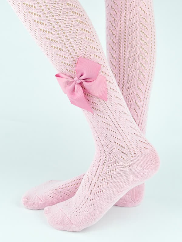 Rajstopy bawełna ażurowe z kokardką pudrowy róż 80-86 cm