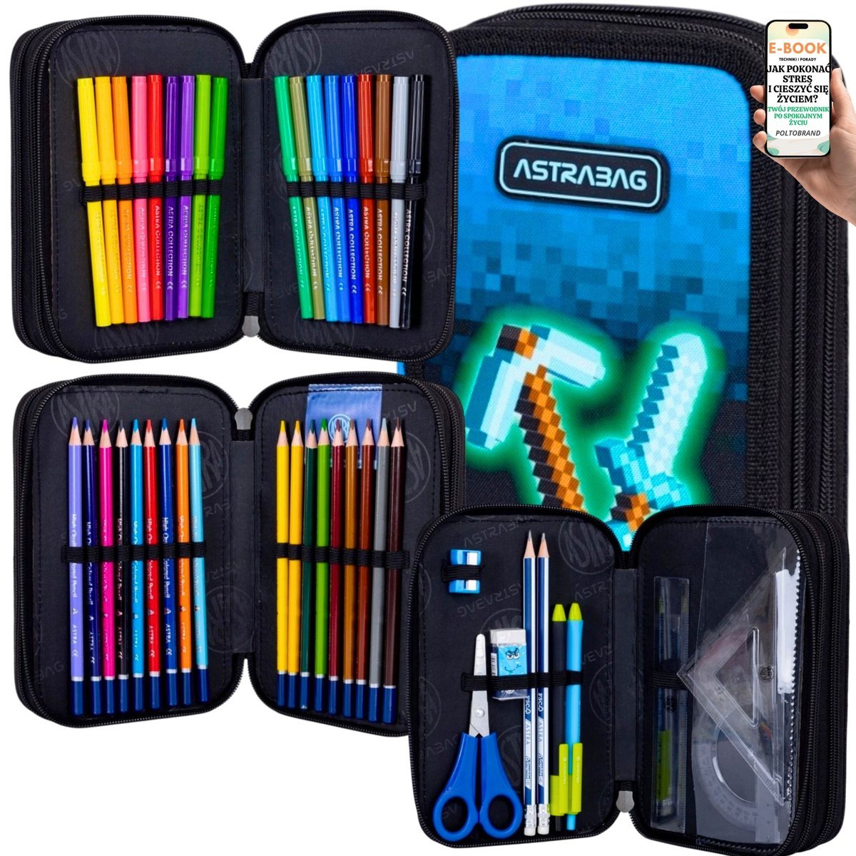 ASTRABAG PIÓRNIK PIXEL 3w1 Z WYPOSAŻENIEM TRÓJKOMOROWY– MODNY DESIGN DLA UCZNIA – NIEBIESKI GRACZ + EBOOK-1