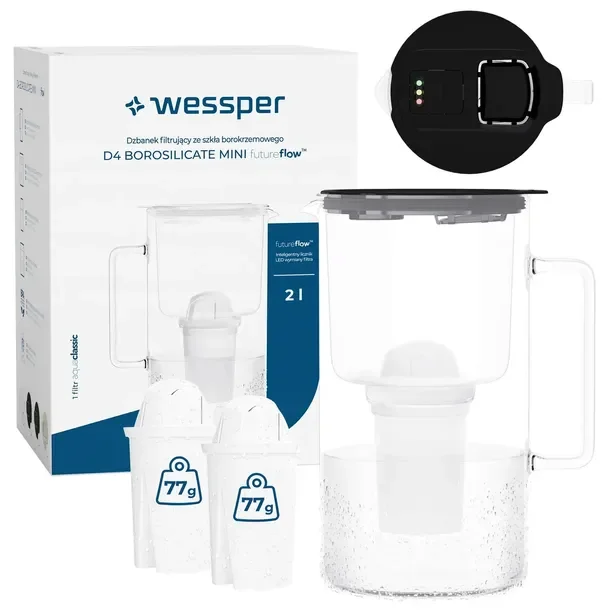 Szklany dzbanek filtrujący Wessper D4 BOROSILICATE MINI 2l + 3x filtr