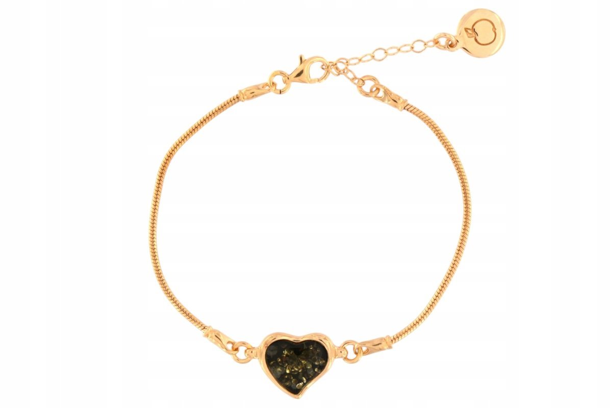 Bransoletka srebrna pozłacana z bursztynowym zielonym sercem - regulowana